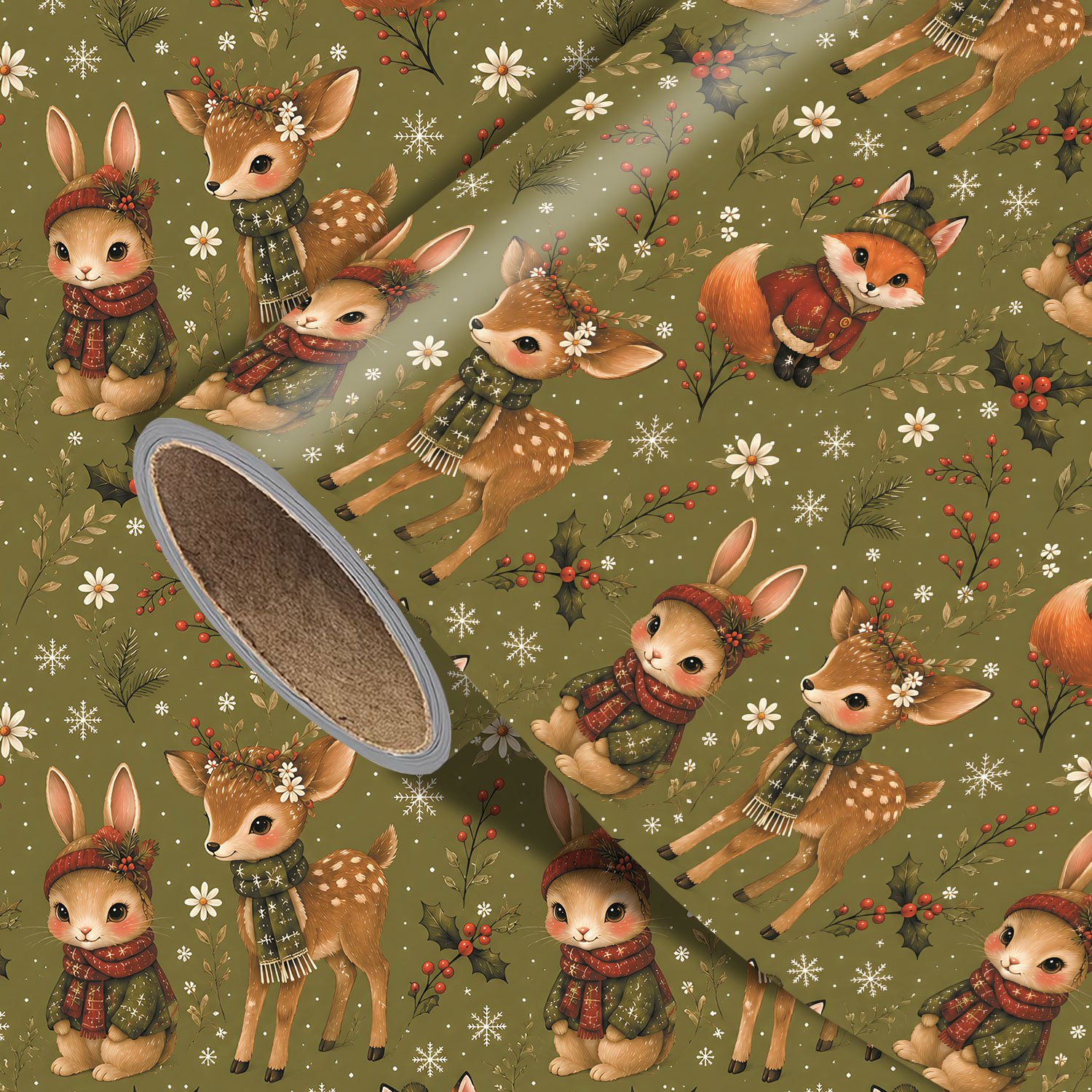 TEMU Rouleau de papier cadeau de Noël vert - Mesure 17,7 pouces X 118 pouces, Élan, Lapins, Parfait pour emballer de Noël, des décorations de fête et