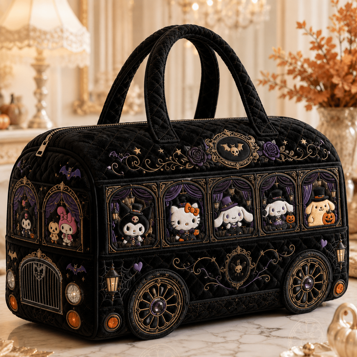 TEMU Quilted Duffle Bag For Women Characters Gothic Halloween Pattern Detail Visual Cute Soft Handheld Carry-on Bag Large Capacity Overnight Travel