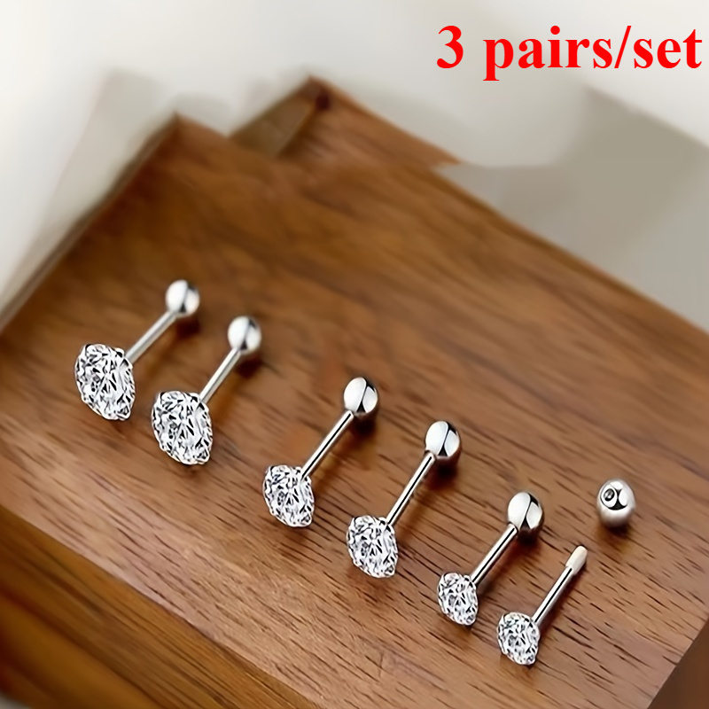 

3 Pairs/ Set Of Stylish Charm Screw Earrings - 925 Silvery Plated Earrings Embellished With Synthetic Zirconia For Casual Attire