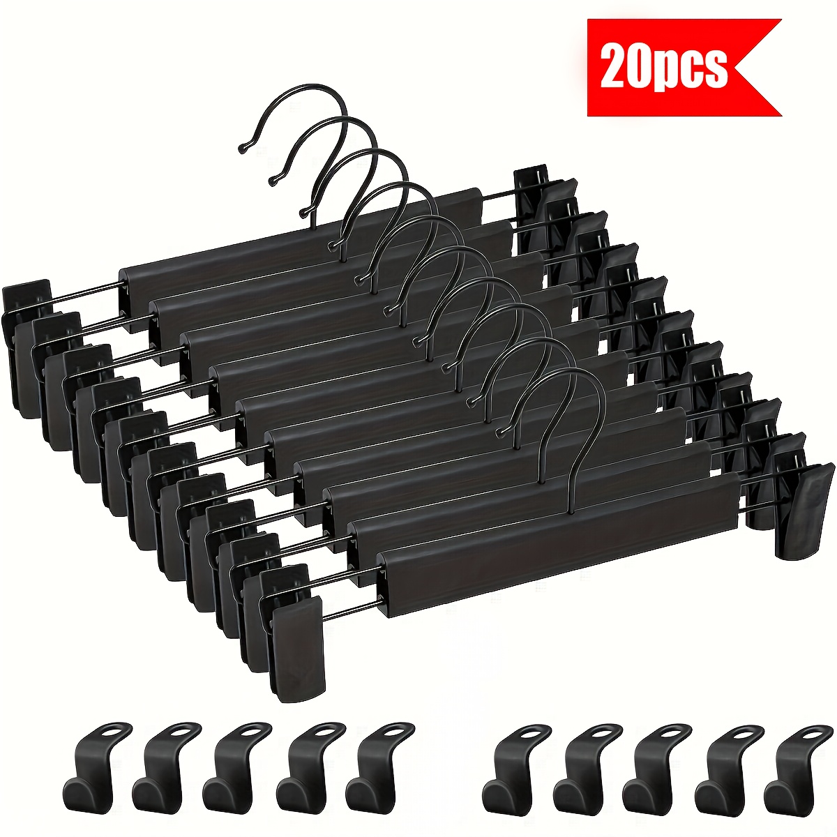 20pcs(10pcs Hangers+ 10pcs Hooks) Plastic Pants Hanger, Space- Skirt Stand, 360° Rotating Hook, Adjustable Clip And Hook, Pants Hanger(black)