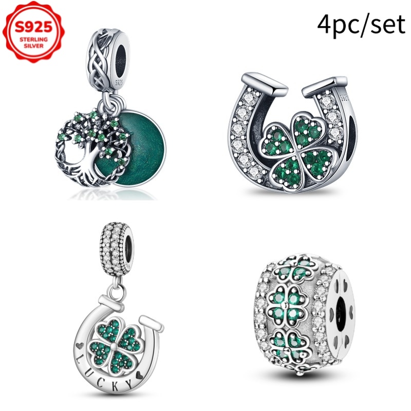 Image of 4pcs Of Green Life Tree Clover 925 Sterling Silver Charm Beads, Suitable For Diy Bracelets, Necklaces, Keychains, And Exquisite Gift Making