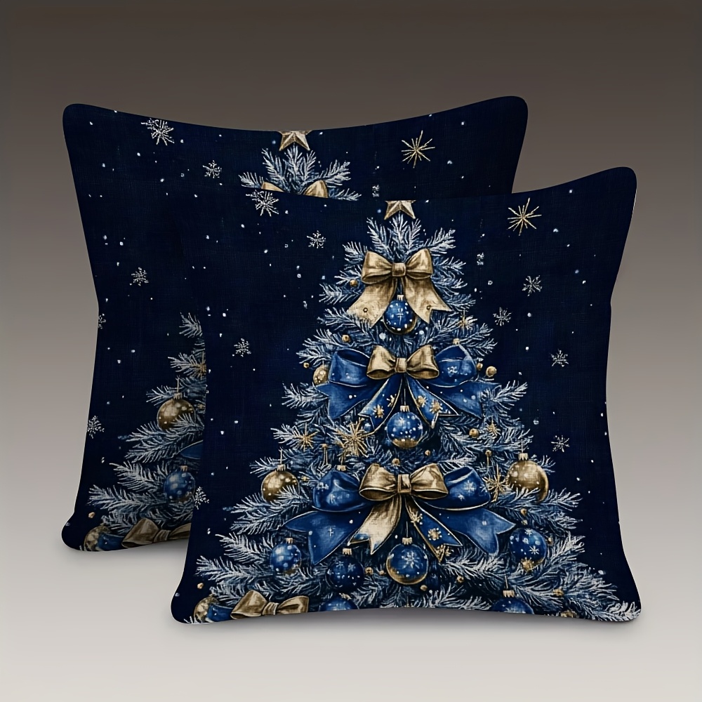 TEMU 2pcs Luxury Navy Blue Christmas Tree Snowflake Pillow Covers, Zipper, Machine Washable, Modern All Holiday Decor, Single Sided Print, Polyester,