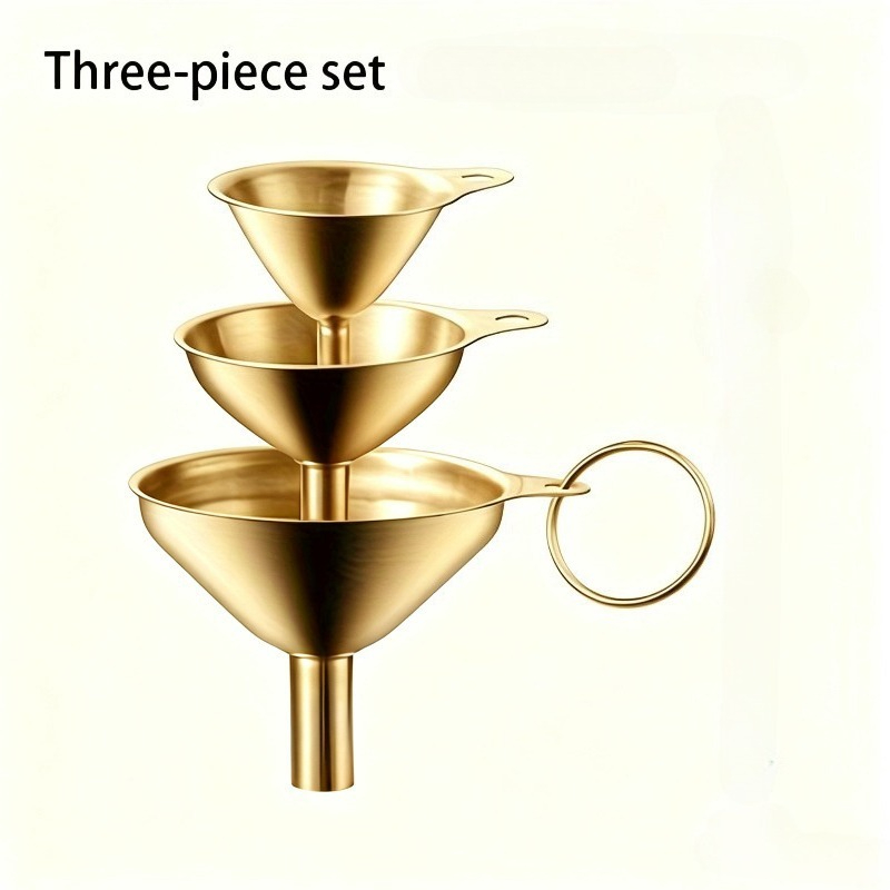TEMU 3pcs Multi-functional Golden Funnel Set - Super Versatile, Heat-resistant, Stainless Steel Construction For Pouring And Measuring Milk, Wine,