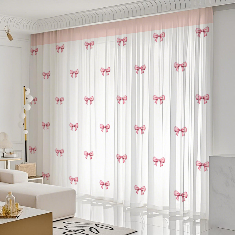 TEMU 2pcs Sweet-style Transparent Curtains With Pink Bow Pattern - Light, Protects Privacy, Features Rod--season , Multi-functional Home Decor,