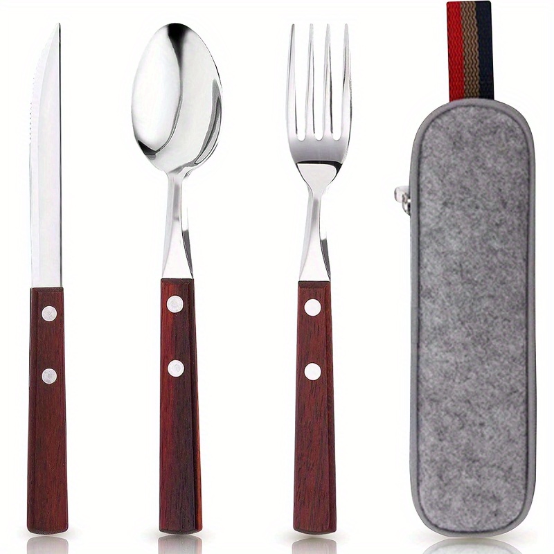 TEMU 3pcs Portable Utensils Set With Carrying Case, Stainless Steel Tableware, Knife, Fork, Spoon, Reusable Utensils, Wooden Handle Tableware, Ideal