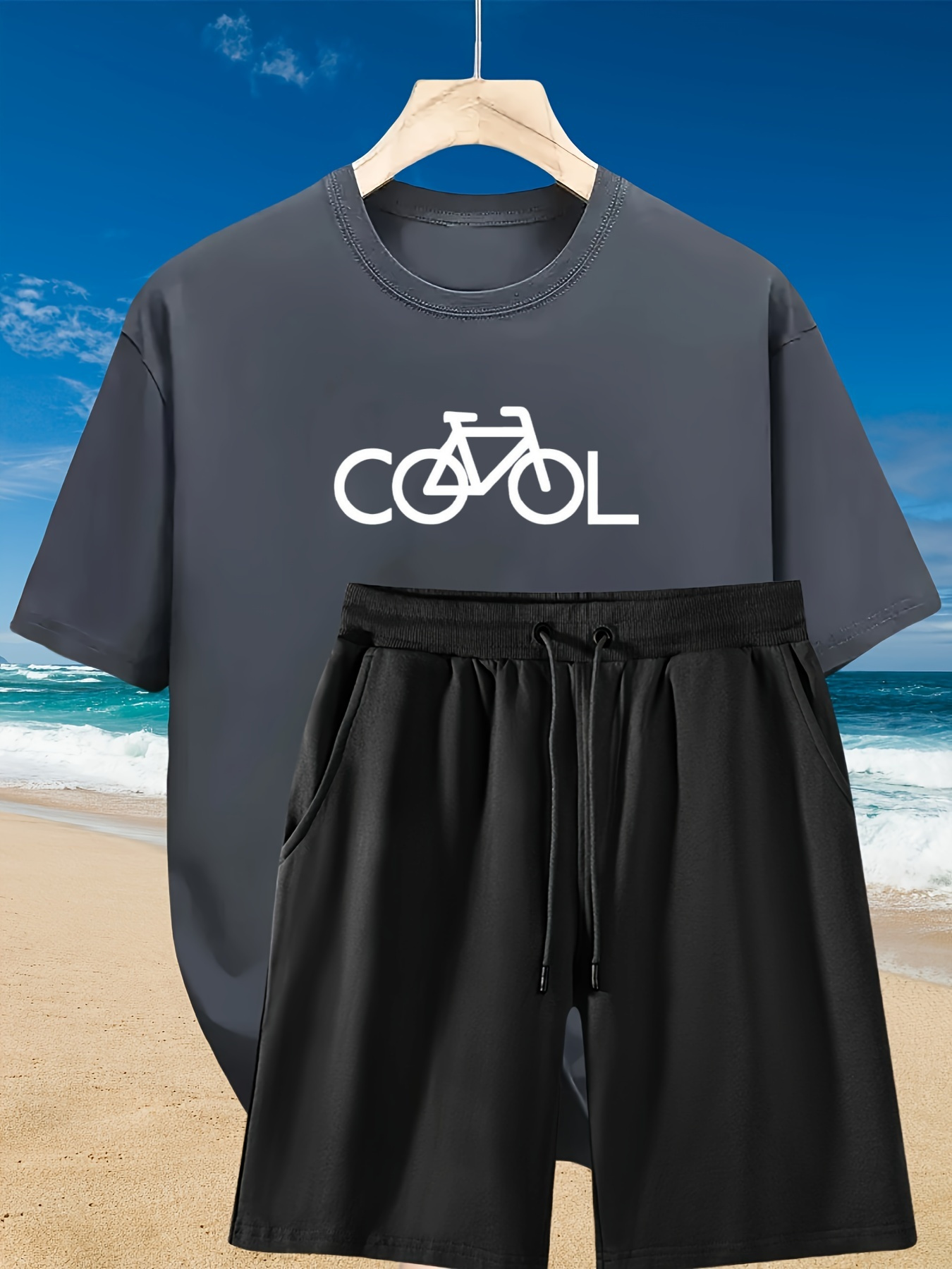 2pcs Men's Summer Casual Outfit: Relaxed Fit Cotton T-Shirt & Drawstring Shorts Set -Bike Printed - Sporty, Comfortable, Beach-Ready, Summer Shorts, for Daily & Weekend Casual Wear