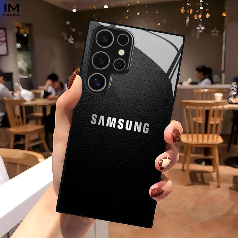 TEMU Phone Case - Black Faux Leather Texture Background Logo Anti-drop Wear-resistant Compatible With S26/s25/s24 Series / Niche Premium Gift