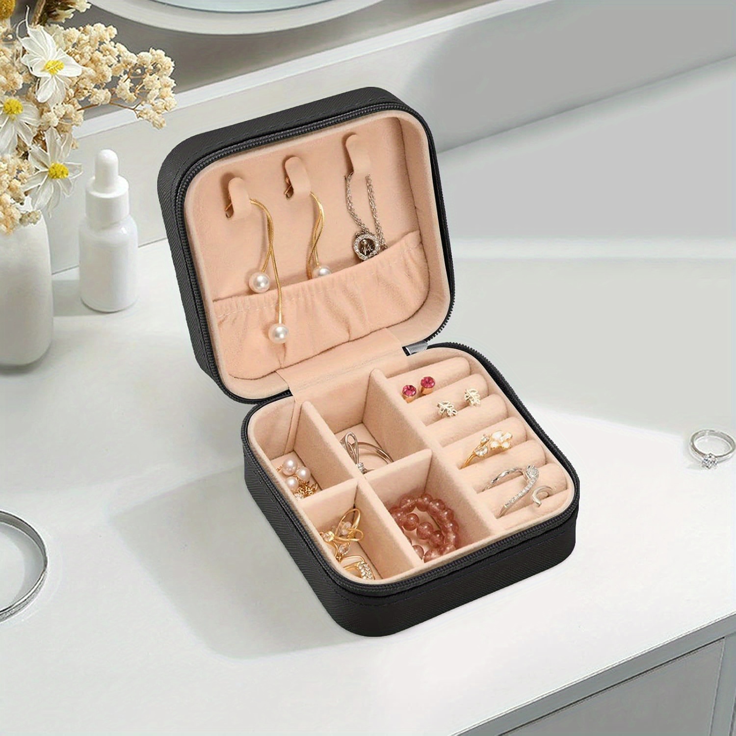   pink   travel mini jewelry box portable pu leather organizer case storage necklace earrings rings bracelet jewelry rolls clutch bag for women   black jewelry boxes Product details 4