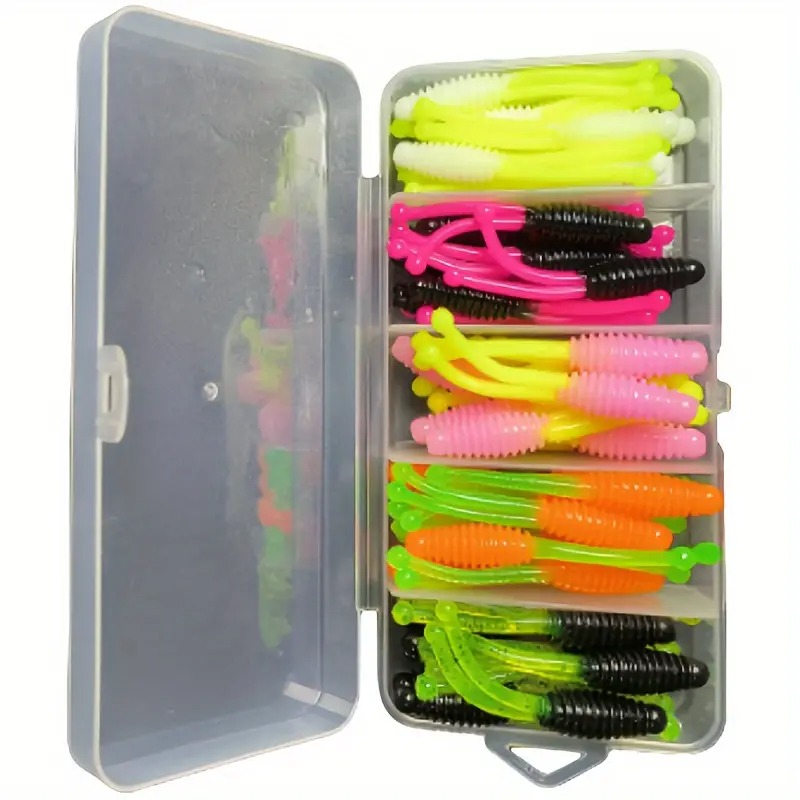 TEMU 50pcs Soft Silicone Fishing Baits - Double-tailed Small Fish Shape Trailers Perfect For Fishing Jig Heads | Essential Fishing Tackle For , Perch & Sea In Regular Storage Box