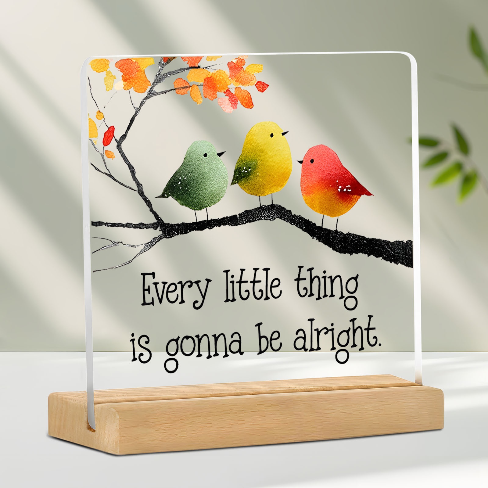 TEMU 2d Flat, 2d Flat Acrylic Desktop Decorative Sign Plaque With Stand, Featuring And Comforting Quote "everything Okay", Watercolor Perched On A