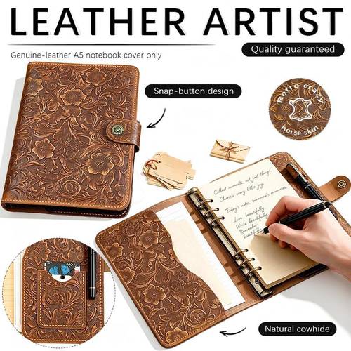 item picture handcrafted a5 full grain cowhide genuine leather diary cover with arabesque floral pattern refillable notebook protector with pocket card slot and pen loop handmade a5 full grain genuine leather notebook cover