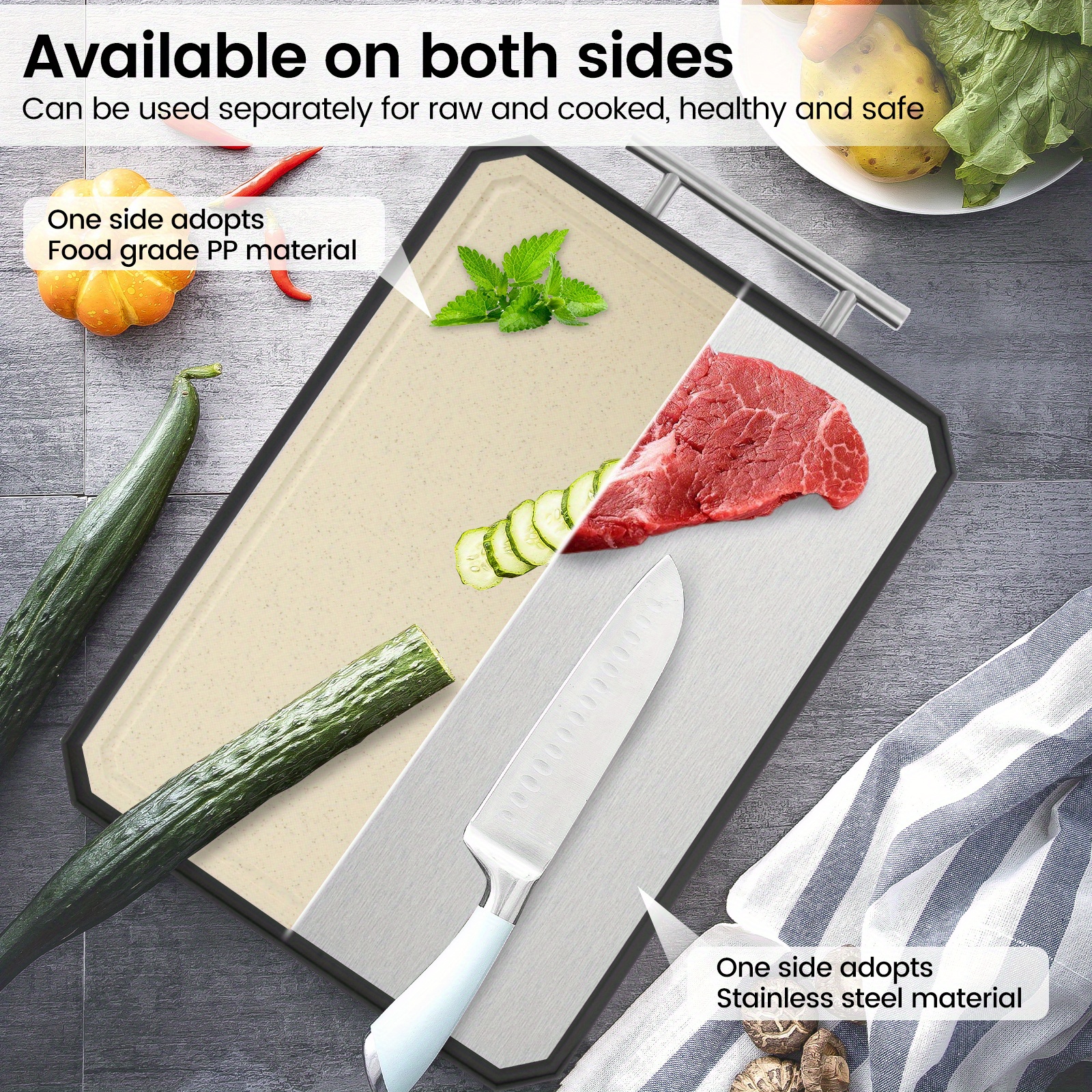 2 in 1 stainless steel pp cutting board set   easy clean dual sided for   cooked food non slip handle   meat vegetables kitchen essential details 0