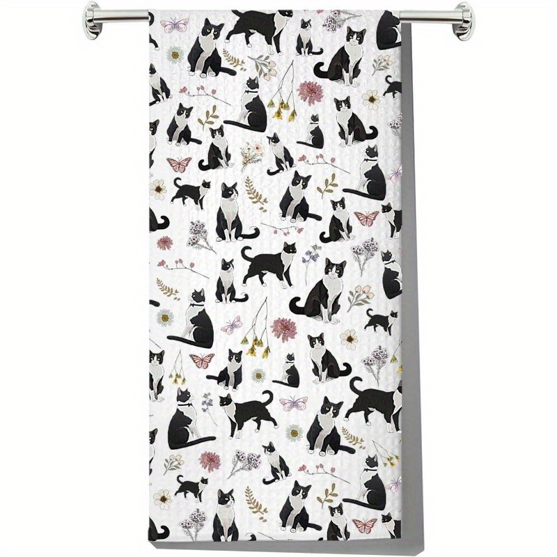 

1pc Polyester Tuxedo Cat Kitchen Towel 18x26in - Black & White Cat Design With Floral Accents, Lake House & Sun Bathroom Decor, Machine Washable, Decorative Kitchen Towels