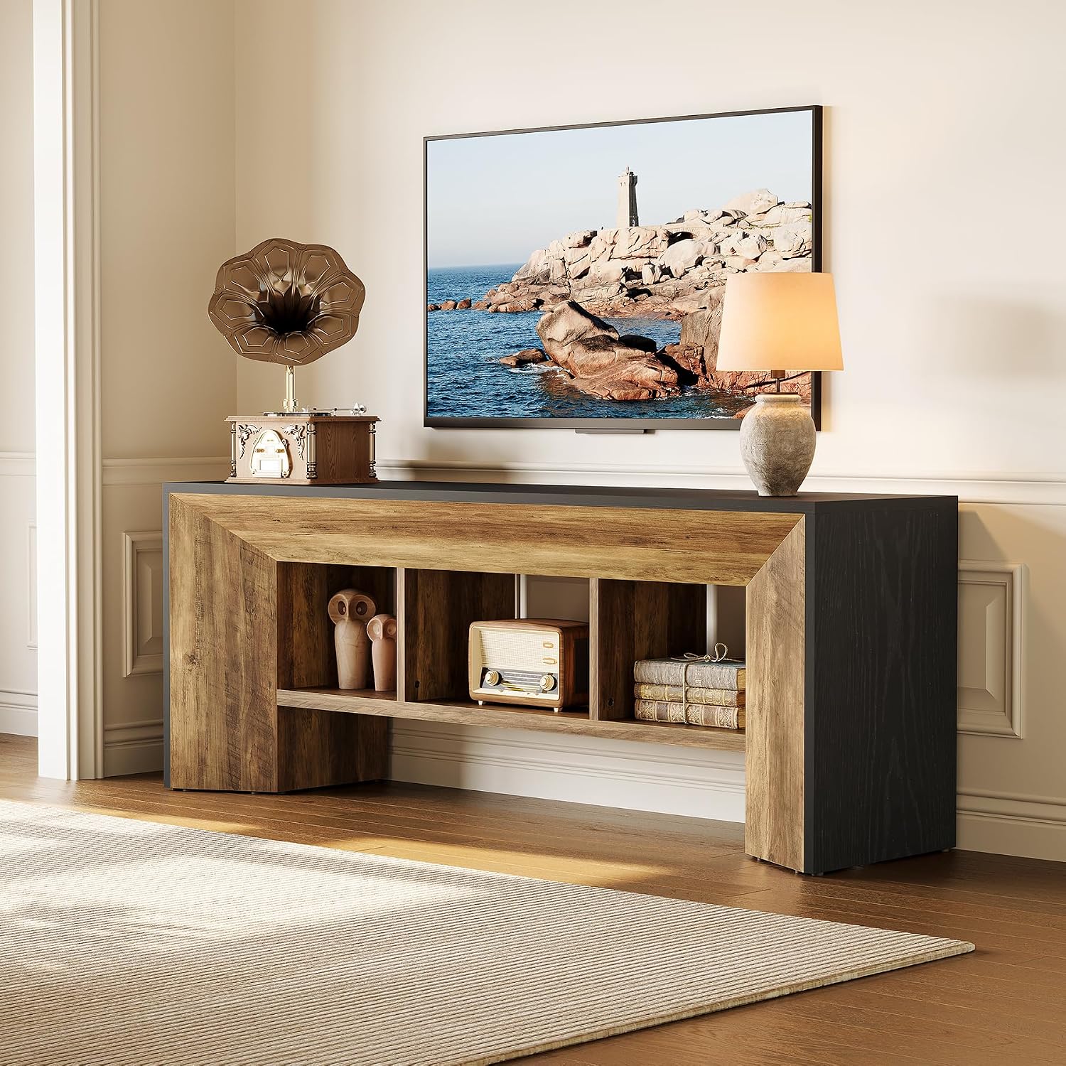 Tv Stand Fits Tvs Up Inches, 63 Inch Long Entertainment Center For Living Room, Large Industrial Cabinet With 3 Storage Compartments, Rustic Brown And Black
