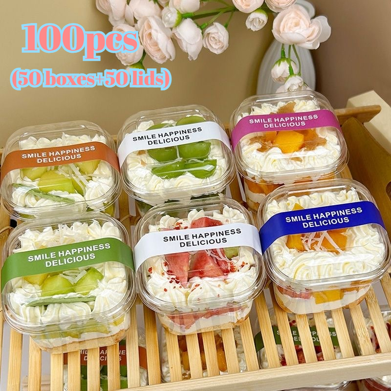 TEMU 100pcs (50 Boxes And 50 Lids) Thick Heavy-duty Square Transparent Cake Dessert Box With Lid, Moustiramisu Fruit Pudding Ice Cream -layer Cake