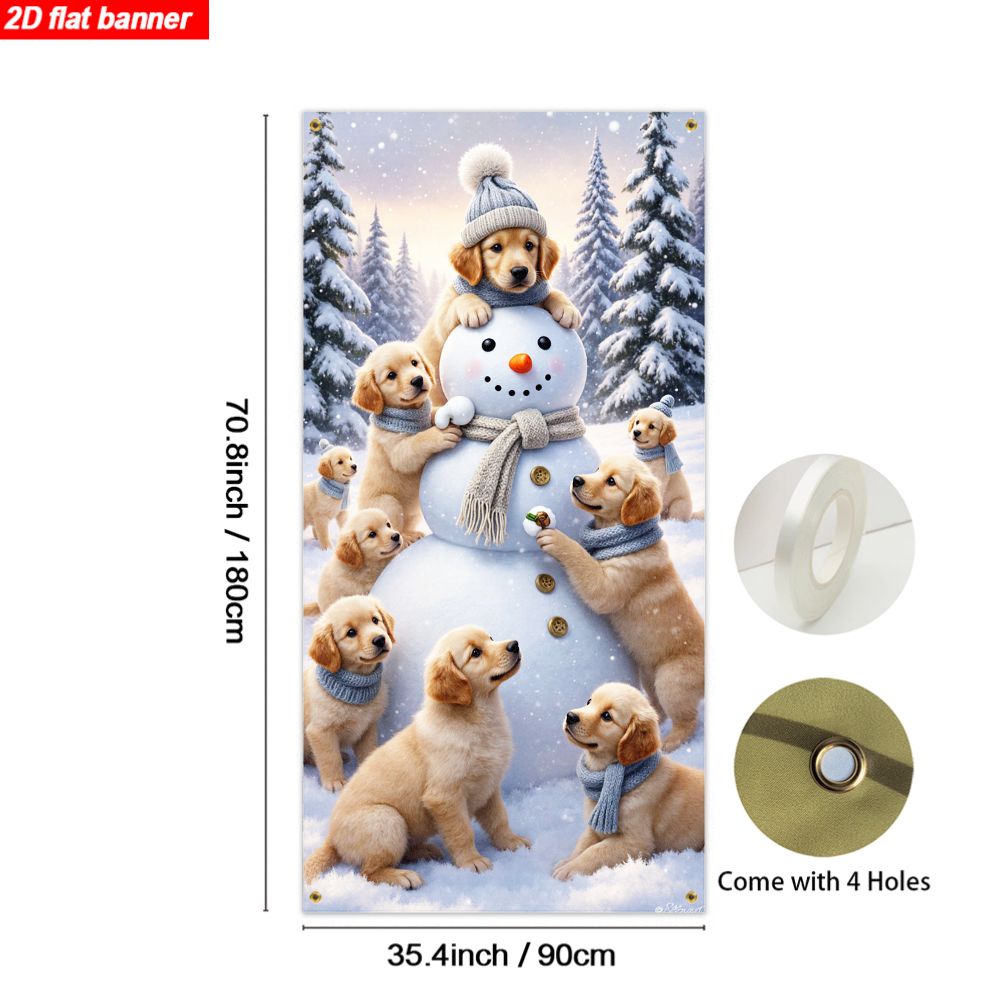 TEMU 2d Flat, 2d Door Banner 2d Flat, 2d Door Banner A 2d Flat Banner Featuring A Cute Golden Retriever Puppy And Snowman In A Winter Design, Perfect