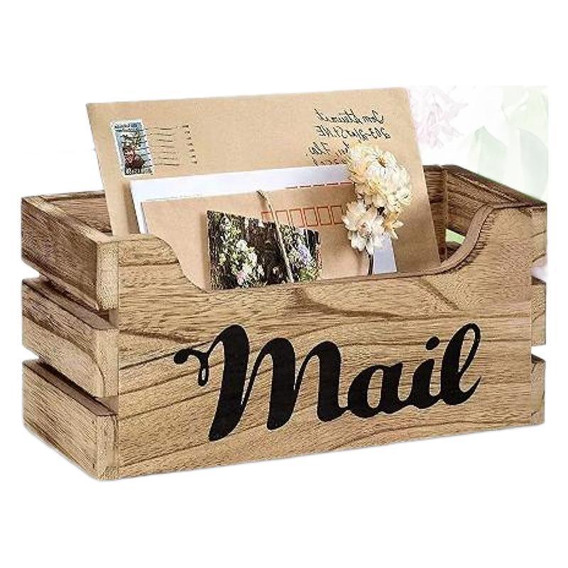 Wooden Mail Organizer Box, Rustic Style Decorative Envelope Basket, Minimalist Countertop Envelope And Bill Holder