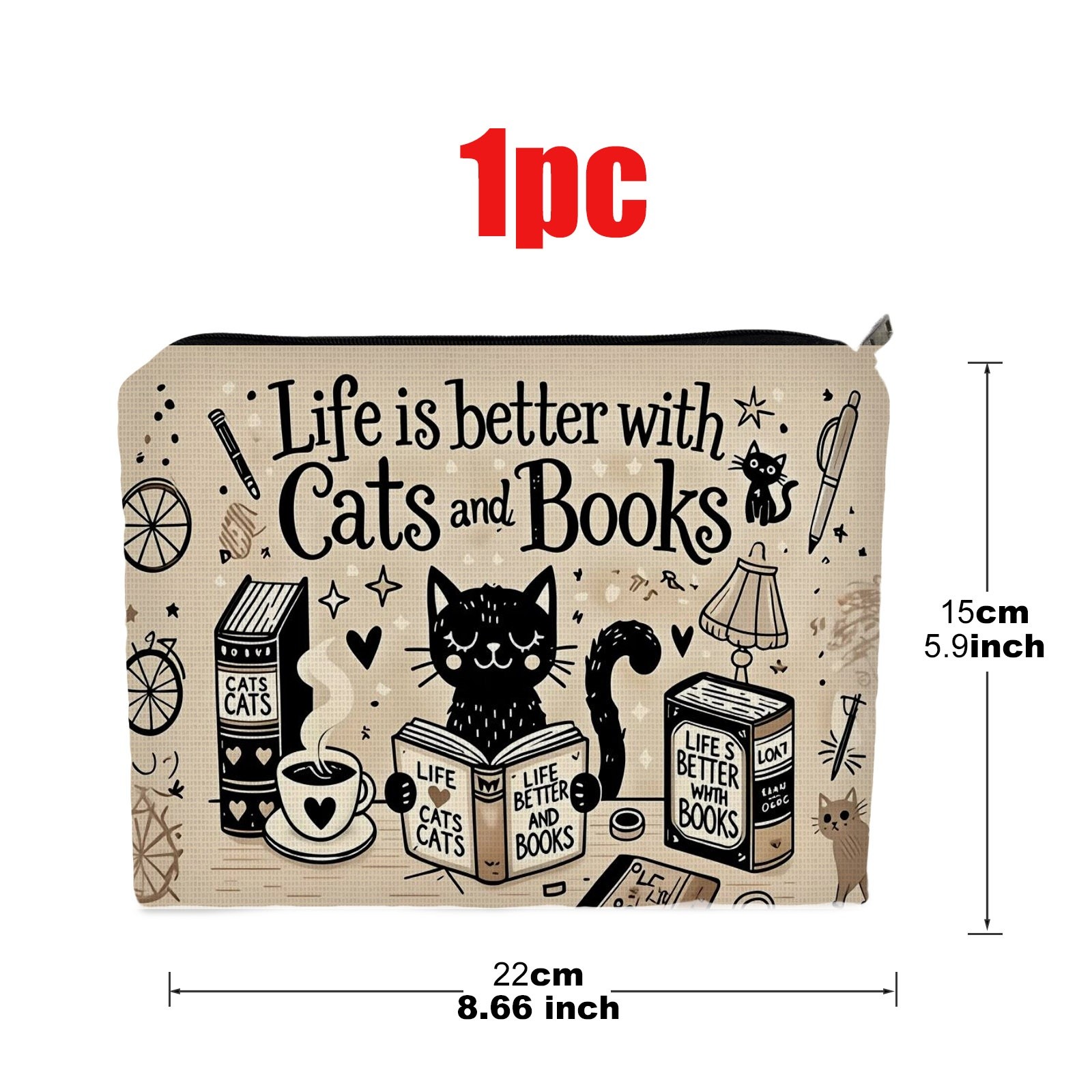 TEMU Trousse à maquillage double face, 1 pièce, taille 5.9in*8.66in, en polyester, motif illustration ludique de chat et livre, parfaite pour le