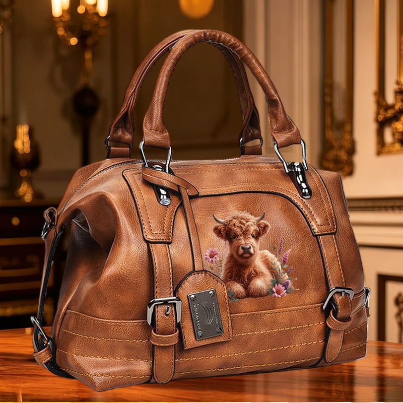 TEMU 1pc Stylish Retro Shoulder Bag Crossbody Bag Handbag Luggage Storage Bag With Lovely Highland Cow Floral Pattern Print, Daily Use Bag Suitable