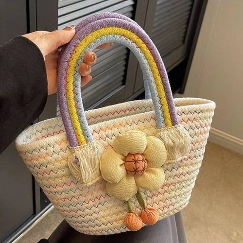 1pc sunflower rope woven cloud bag hand held woven bag trendy rainbow bag rope bag casual western style woven bag tc