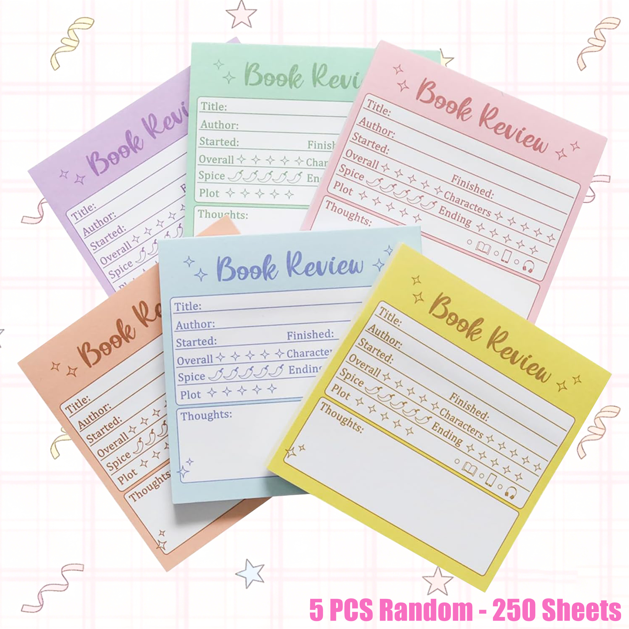 TEMU Lot de 5 Notes Autocollants pour de Livres Aléatoires 3X3In, 250 Feuilles, Notes Auto-Adhésifs, Jour d'École, Journal de Lecture, Autocollant de