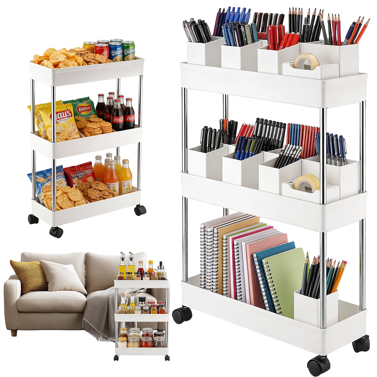 Versatile Mobile Storage Organizer | 3 Shelves, 4 Caster Wheels, 6 Utility Hooks, Plastic, Floor Mounted, Ideal For Home Kitchen To Office Decluttering, Utility Racks
