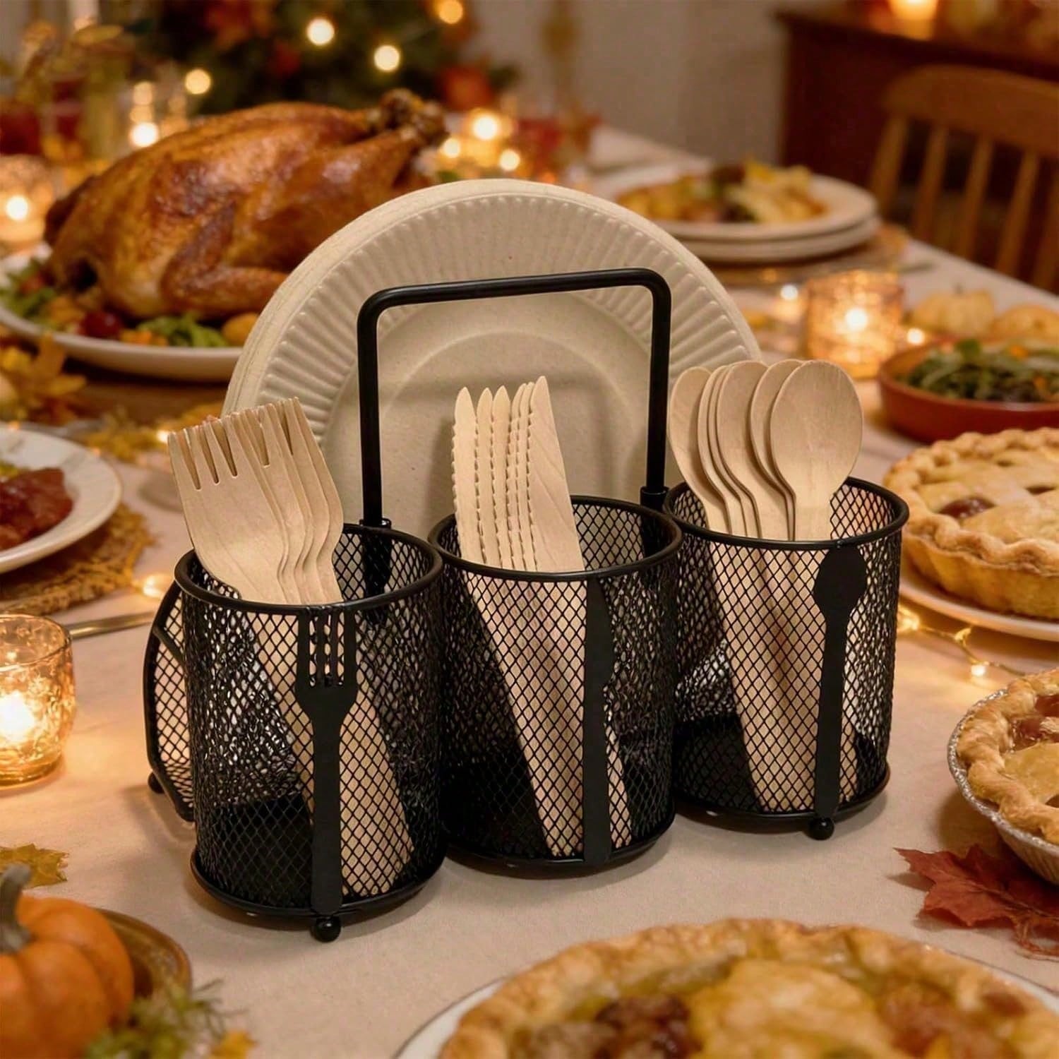 Silverware Organizer Utensil Caddy - 4 Compartment Metal Cutlery Holder Flatware Storage Basket Napkin Paper Plate Kitchen Countertop Party Picnic Camping Buffet Outdoor (black)