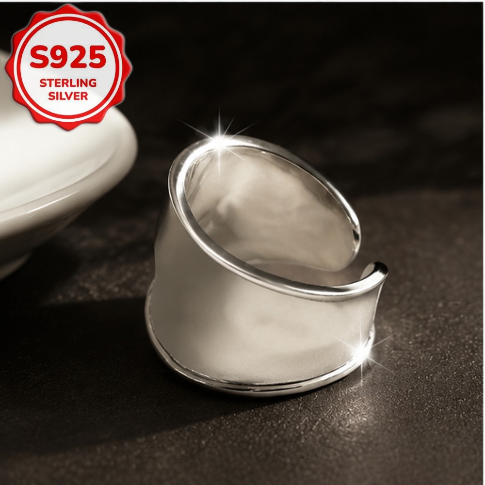 S925 Silver Wide Flat Adjustable Open Ring — Everyday Wear