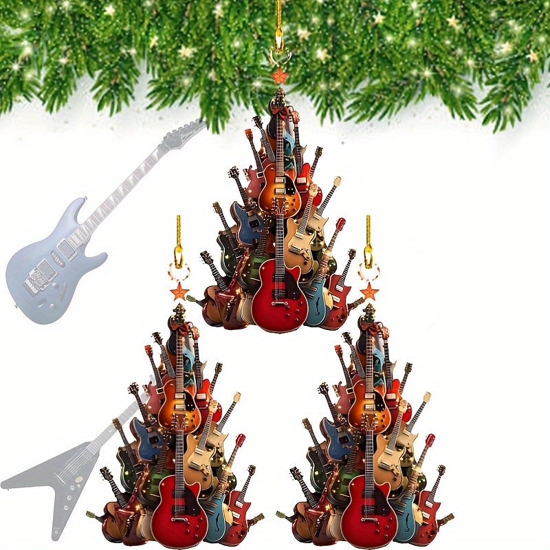 TEMU 2d Flat, 3pcs Christmas Tree And Guitar Acrylic Decoration Set - Ideal Gift For Music Lovers, Multi-functional 2d Flat Logo, Multi-item Logo For