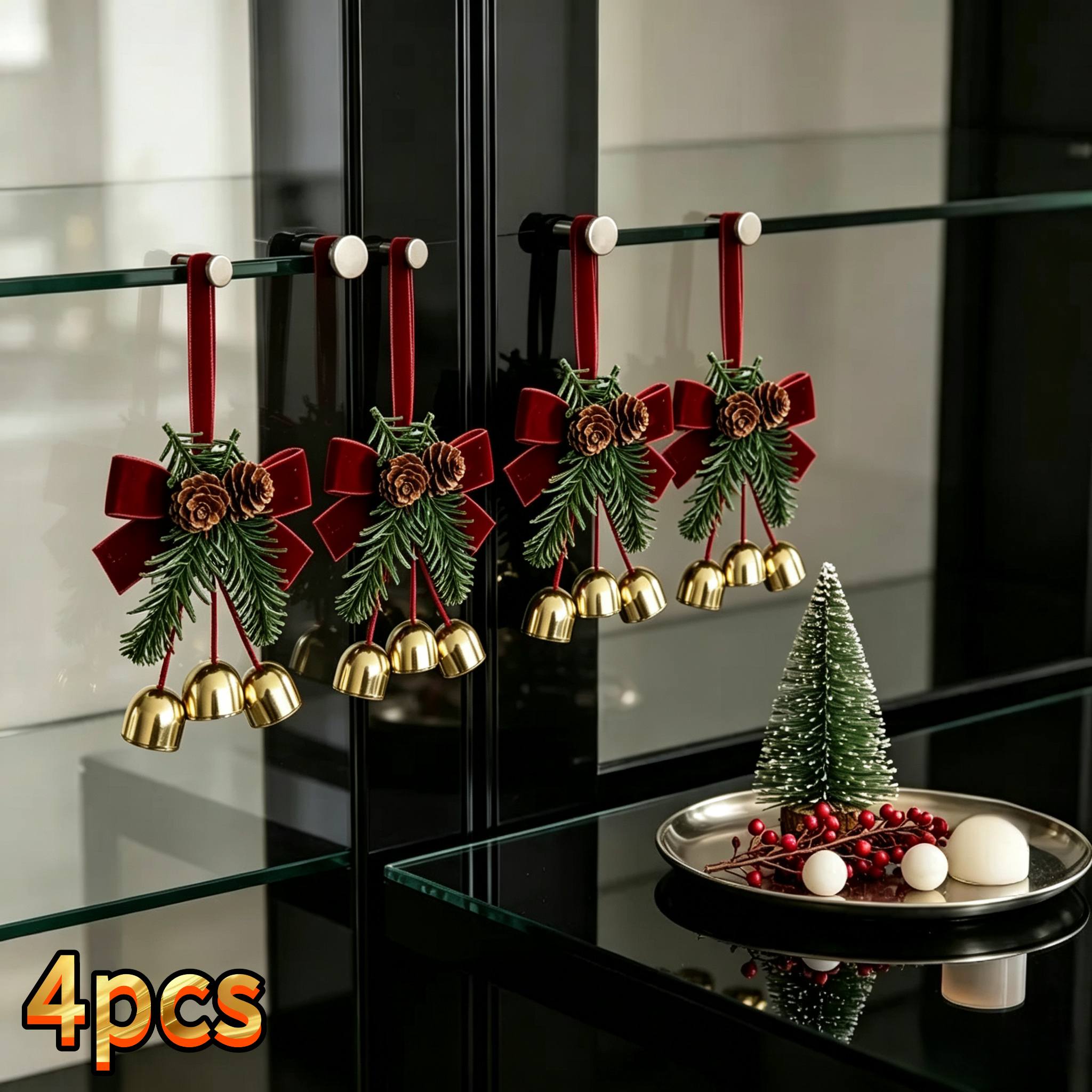 TEMU 4pcs Burgundy Bow With 3 Bells - Multi-holiday Door Hanging Decor Suitable For Christmas, Weddings, New Year, Easter, Thanksgiving & Halloween -