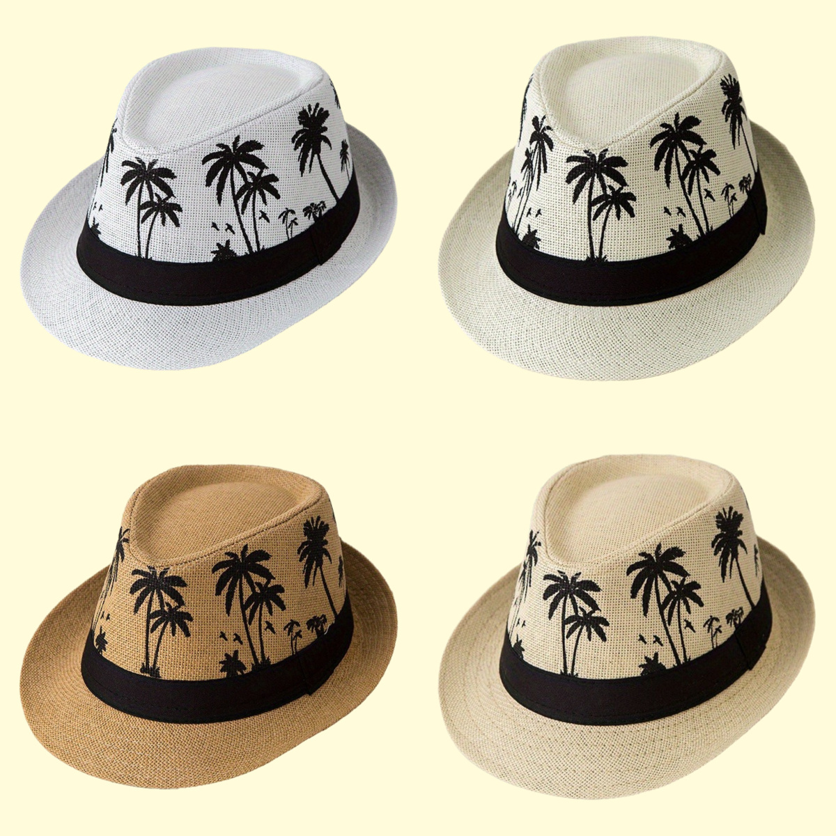 

4 Styles de Chapeaux de Soleil en Paille , 100% Paille , Respirants et Creux, Imprimé d'Arbre de Palmier, Sports de , Cyclisme, Voyage, Loisirs de Mode Pêcheur et Chapeaux de Bowler