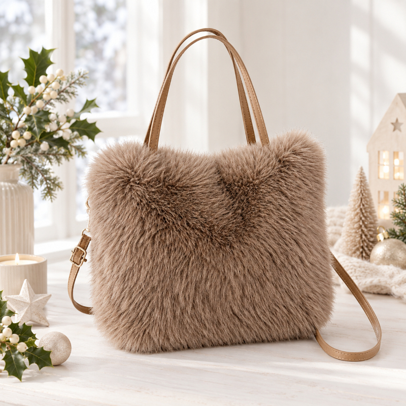 TEMU Women's Plush Makeup Bag, Winter Soft Plush Cosmetic Bag, Women's Fashion Crossbody Handbag, Elegant Faux Fur Shoulder Bag, Detachable Strap,