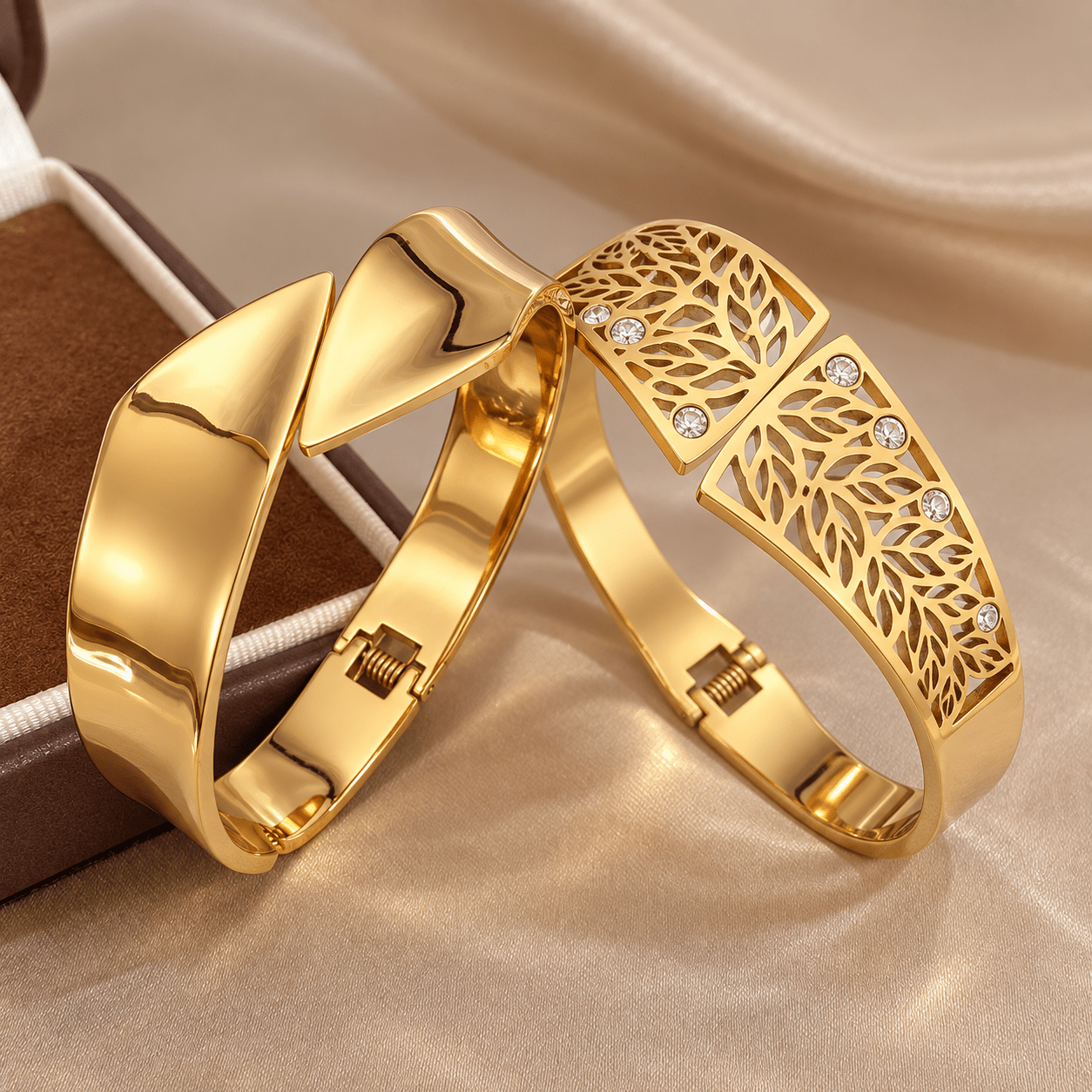 2pcs Men's 304 Stainless Steel Bangle Set, Leaf Inlaid Design