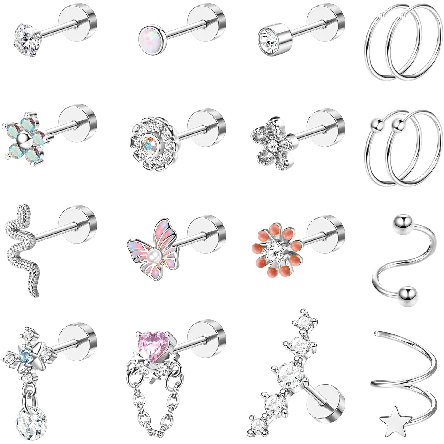 Image of 2d Flat - 18pcs Cartilage Earring Stud For Women Surgical Steel Flat Back Earrings Couch Hoop Piercing Helix Tragus Piercing Cz Cartilage Earring Piercing