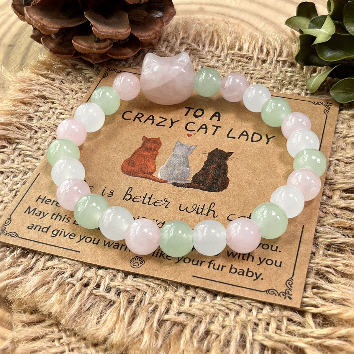 TEMU 1pc Must-have For Cat Lovers! Handmade 8mm Rose Quartz And Green Aventurine Cat-themed Bracelet - Colorful Natural Stone Beads With Adorable Cat