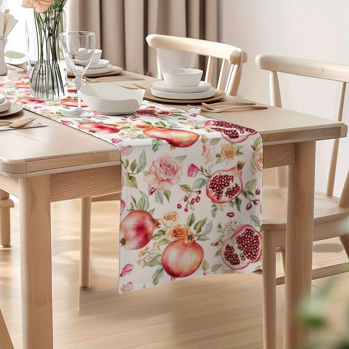 TEMU 1pc Watercolor Pomegranate Table Runner - Elegant Pink Red Green Golden Beige White Washable Fabric With Pomegranate & Berry Fruit Pattern,