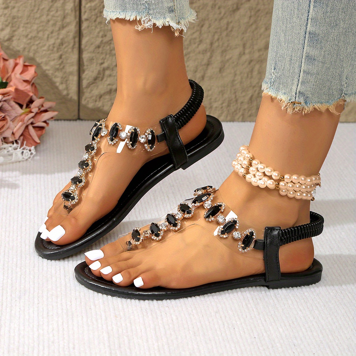 women's summer t bar gemstone embellished ankle strap Temu
