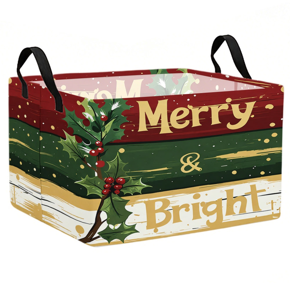 TEMU 1pc Winter Christmas Theme Storage Basket, Foldable With Handle, Red Green White Striped Design With Holly Branch & "" Lettering, Festive For