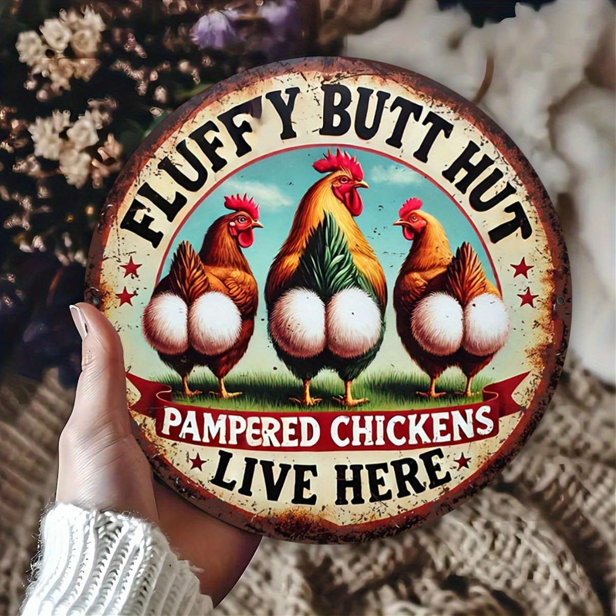 TEMU 1pc "fluffy Hut: Chickens Live Here" Vintage Chicken Coop Sign - 7.87x7.87 Inch Rustic Farmhouse Aluminum Metal Wall Art With Hens & Rooster,