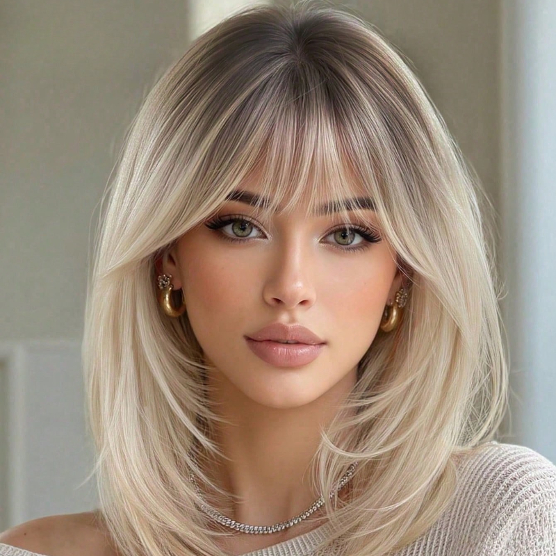 TEMU Women's 14-inch Curly Wig Suitable For - -looking Synthetic Hair With, Black To Light Golden Ombre Top, Medium Length Wig For Parties, Weddings,