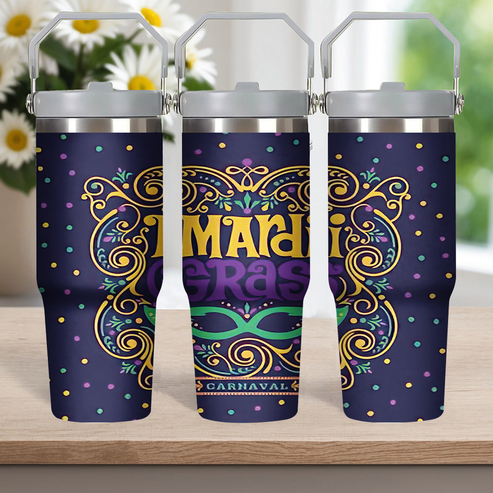 

1pc 30oz Stainless Steel With Lid And Straw, Vacuum Insulated Water Bottle, Mardi Gras Carnival Design, 304 Material, Ideal For & Gifts