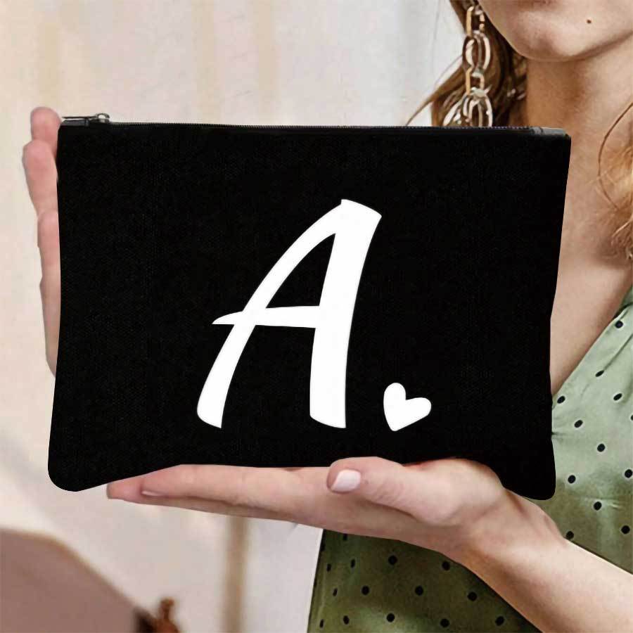 TEMU 1pc Initials Printed Women's Makeup Bag, Black Small Bag, Letters A-z, Cosmetic Bag, Portable Wash Bag, Teacher's Day Gift, Reusable Makeup Bag,
