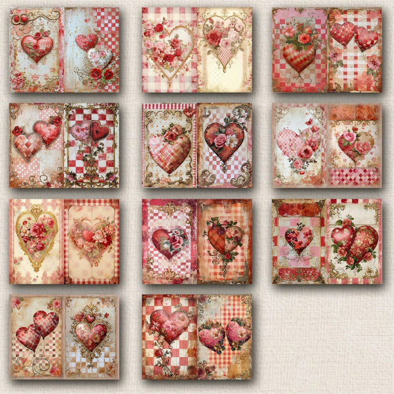 

11-pack Shabby Grunge Valentine Paper, Vintage Heart Patterns, Junk Journaling Crafting Material, Calligraphy Collage Art Supplies