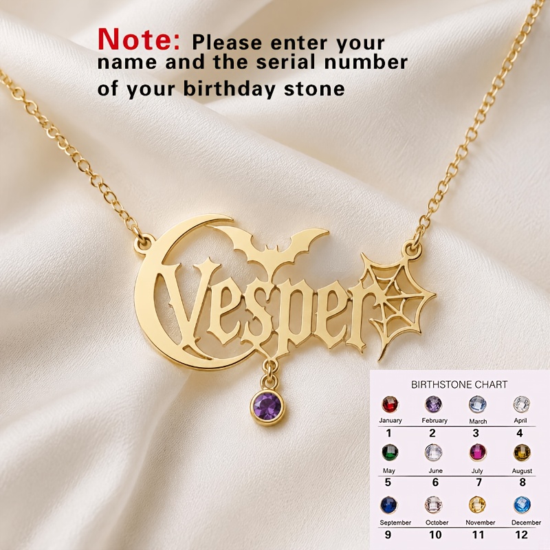 TEMU Custom 1pc Women' Steel Personalized Gothic Name Necklace With Birthstone, 18k Golden Plated, Halloween Bat Jewelry, Custom Birthday Stone Gift