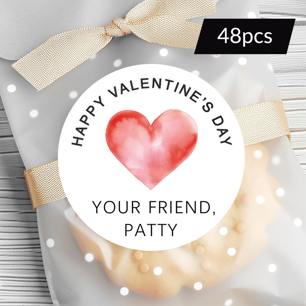 TEMU Custom 48/96pcs "valentine's Day" Round Stickers, Personalizable With Name, Date, Etc. About Watercolor Heart Element , Suitable For Valentine's