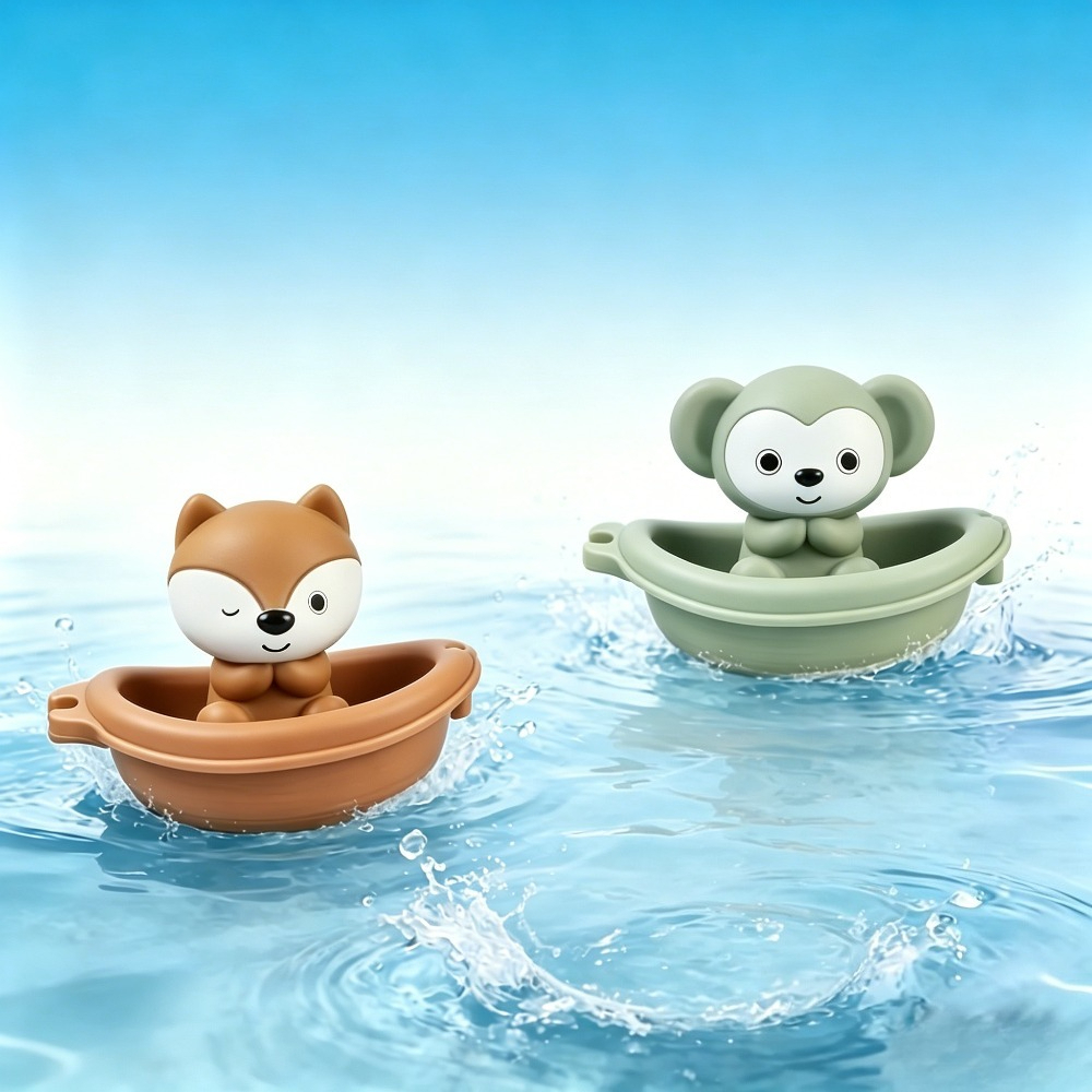 Image of 4pcs(2 Animals+2 Small Boats) Fun Water Floating Animal Bath Toys, Stackable Buoys And Animals, Bath Toy Set, Perfect For Holidays And Birthday Gifts - Boys And Girls Toys, Perfect For Bathtub!