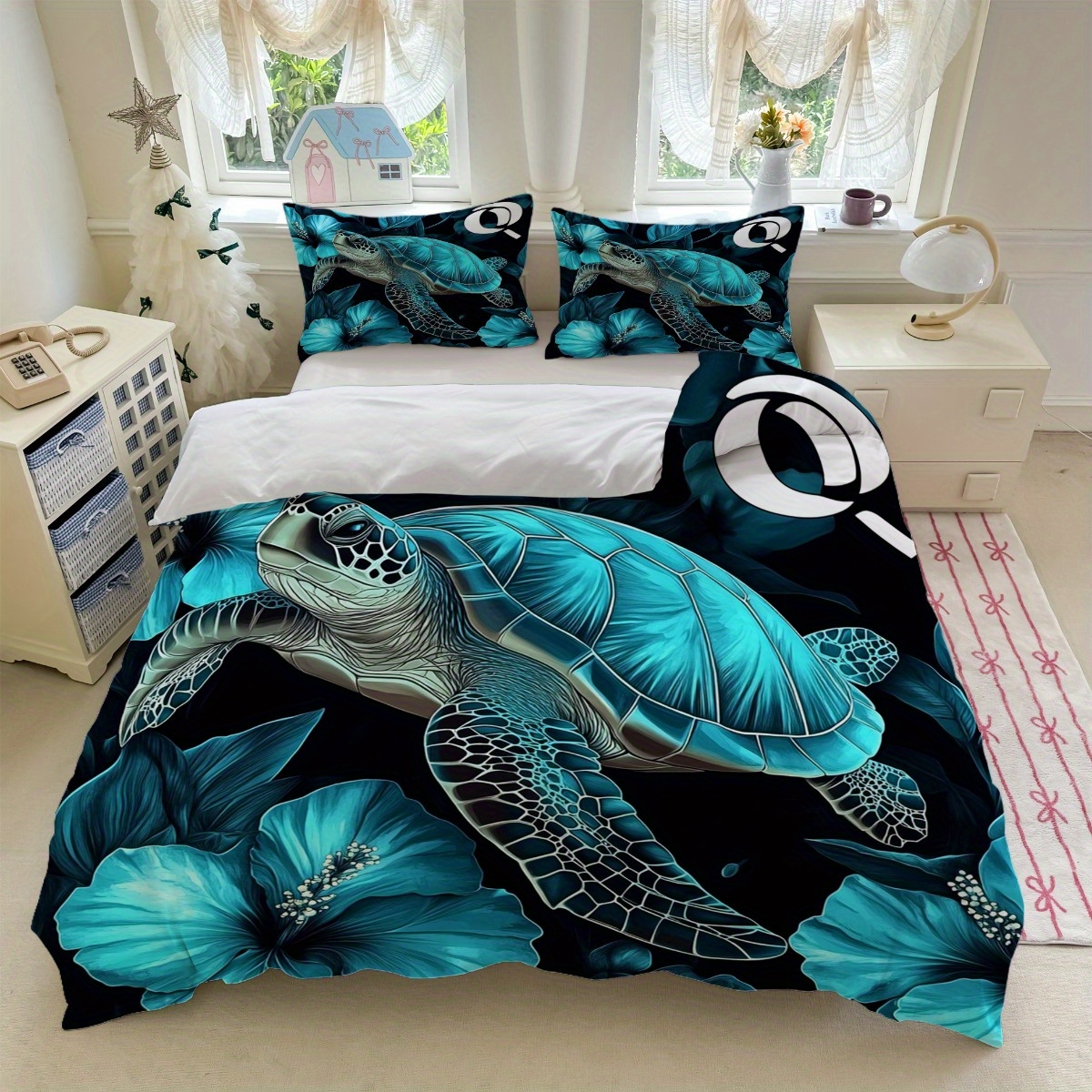 TEMU Ensemble de 3 pièces Tortue Bleue et Noir (1 Housse de Couette + 2 Taies d'Oreiller, Garniture) Adapté à toutes - Idéal pour toutes et