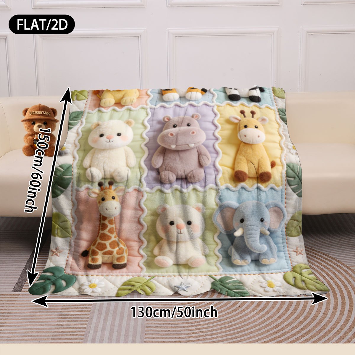 TEMU Flat/2d Flannel Cartoon Animal Throw Blanket - Warm, Soft, And Comfortable Multi-panel With Plush Texture Featuring Cartoon Animals Like ,