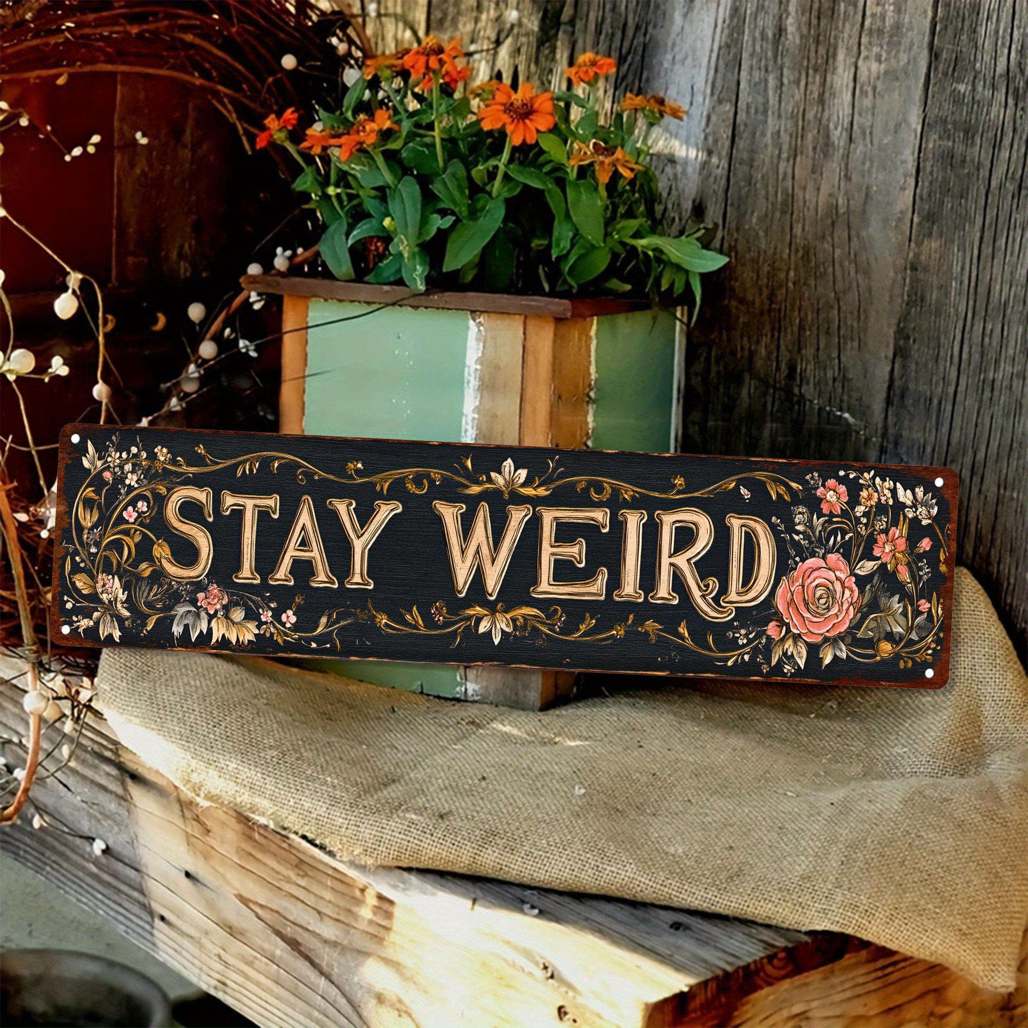 TEMU 2d Flat [1pc Vintage Sign] 1pc Vintage "" Sign | Victorian Style Humorous Wall Art Featuring Floral & Golden Details, Sturdy 4*16 Inch Metal