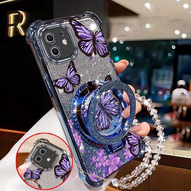 TEMU Phone Case - For Iphone 11 Cases Featuring A Cartoonish Purple Design, Equipped With A Round Stand And A Bead Lanyard. This Case Offers A